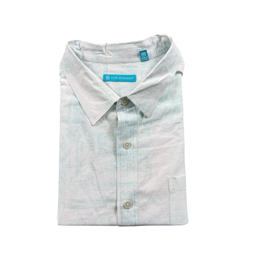 Tori Richard Light Blue Hawaiian AOP Linen Cotton S/S Camp Shirt Size 2XL